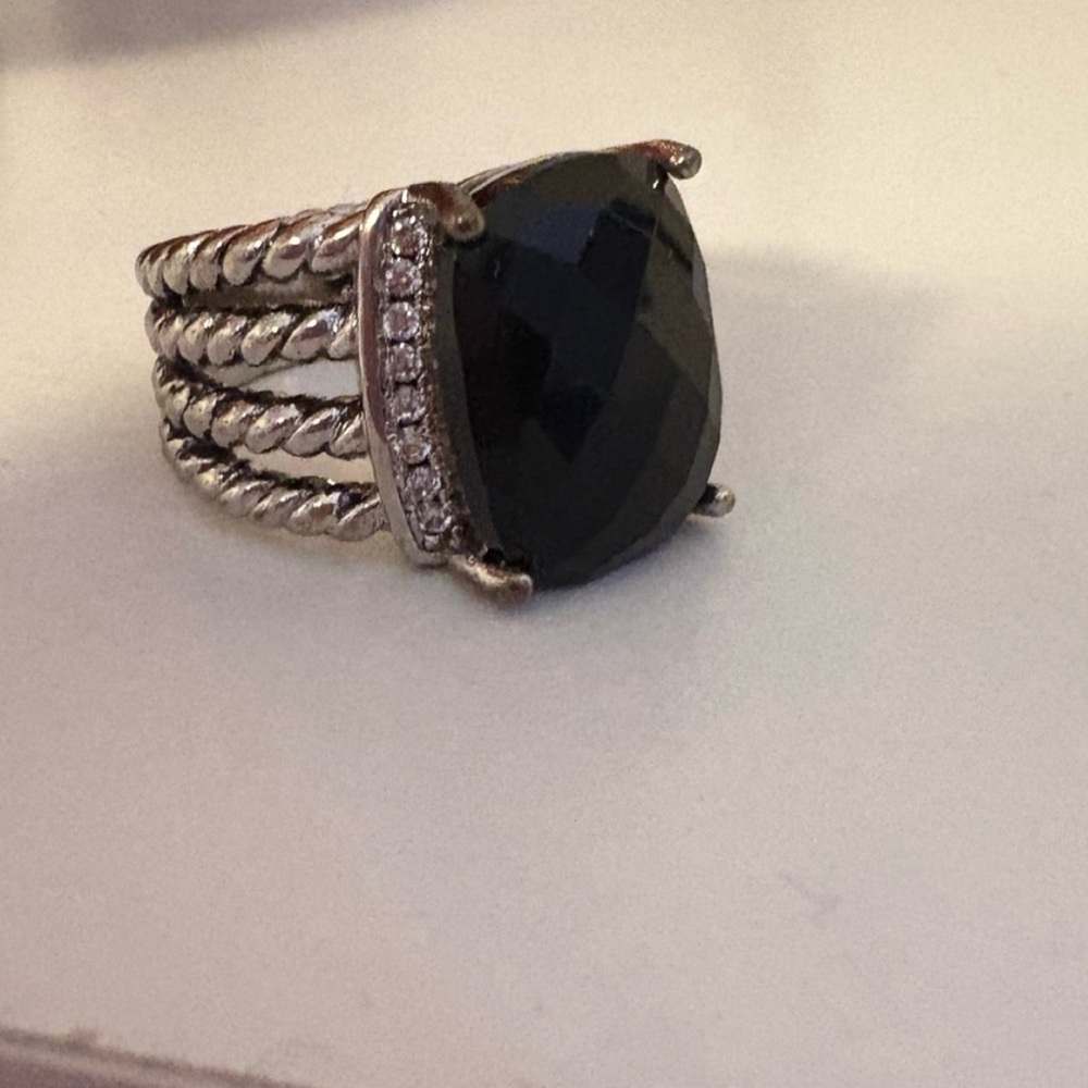 David Yurman Silver Multi-Rope Ring with Black Cushion Stone sz7